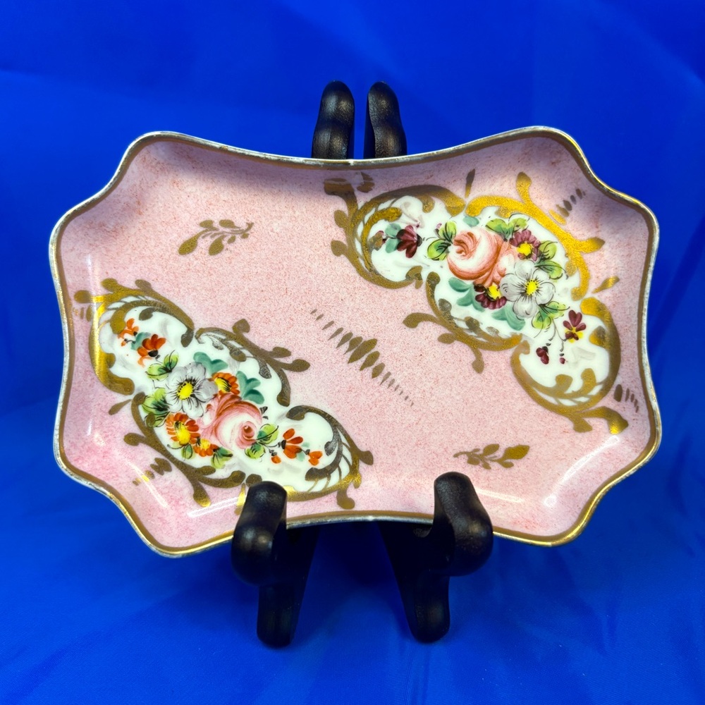 Fine Antique French Porcelain Tray Hand Painted Pink with Gold & Flowers